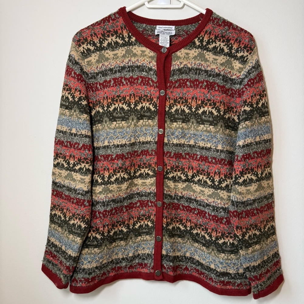 Cotton blend Fairisle cardigan with hand embroidered detail cottagecore cabin